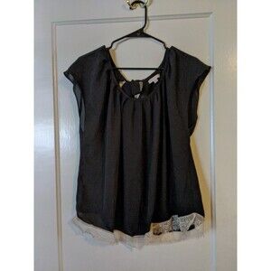 Lauren Conrad Black Lace Trim Top Back Tie XL Casual Date Work Semi Sheer Layer